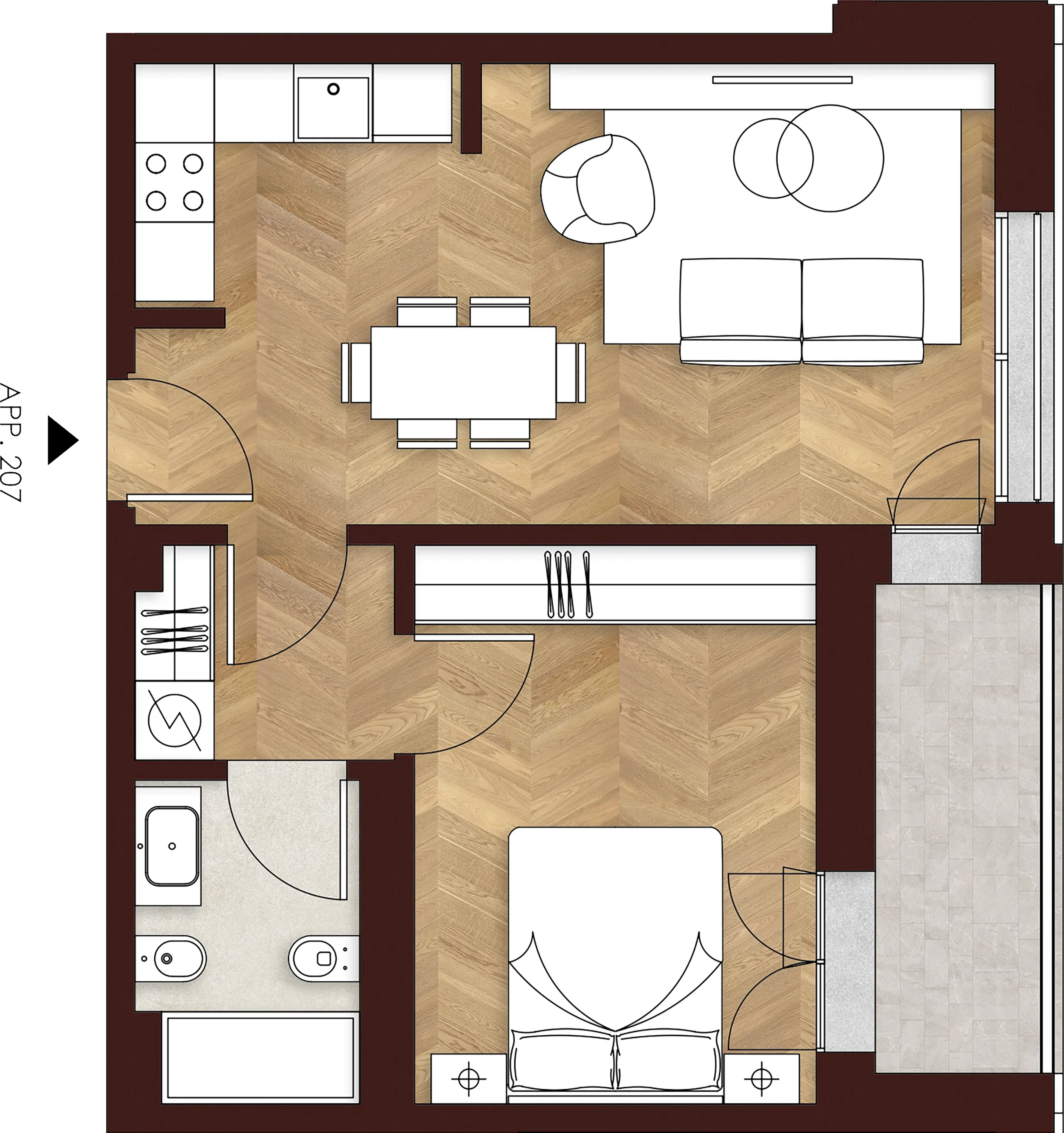 Planimetria dell'appartamento 207, Vestry: bilocale al piano secondo