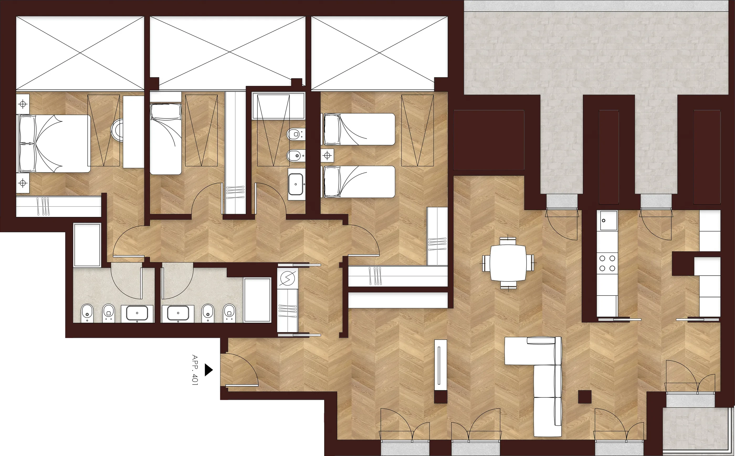 Planimetria dell'appartamento 401, Perry: quadrilocale al piano quarto