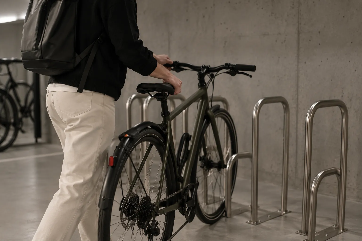 Bicycle garage con rastrelliere in acciaio e una bicicletta accompagnata a mano