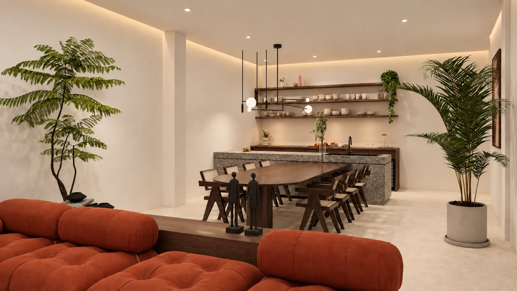 Sala eventi privata con lungo tavolo conviviale e angolo bar