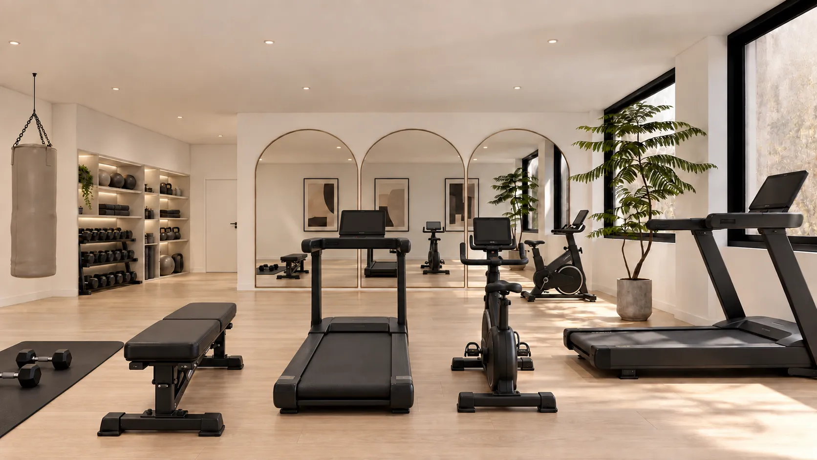 Palestra privata con tapis roulant, cyclette, panca, pesi liberi e specchi ad arco